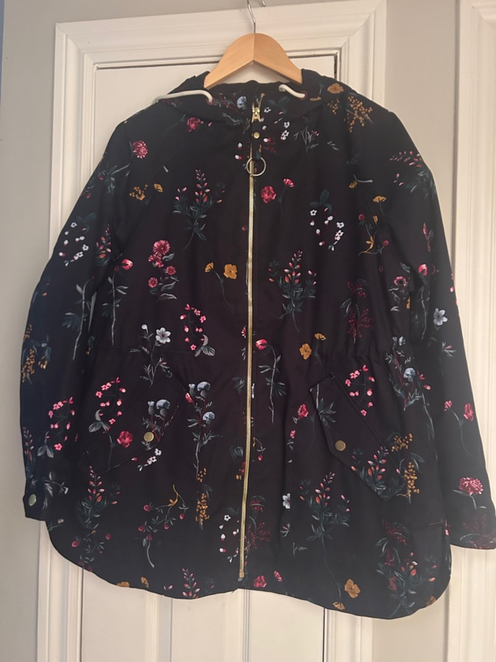 Joules Black Floral Hooded Utility Jacket with Gold Zip
